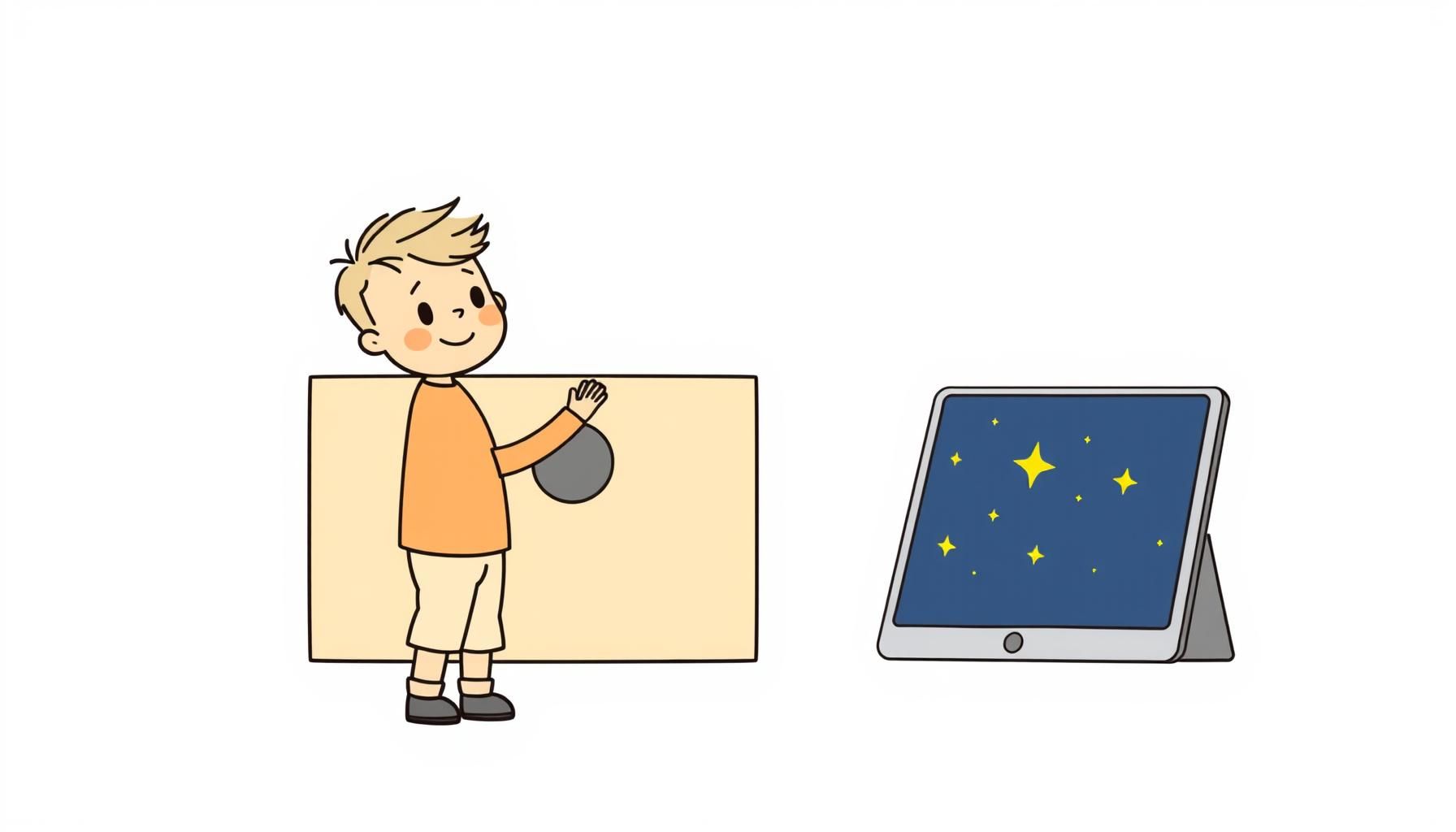 Crianças brincando com caixas de papelão e tablet