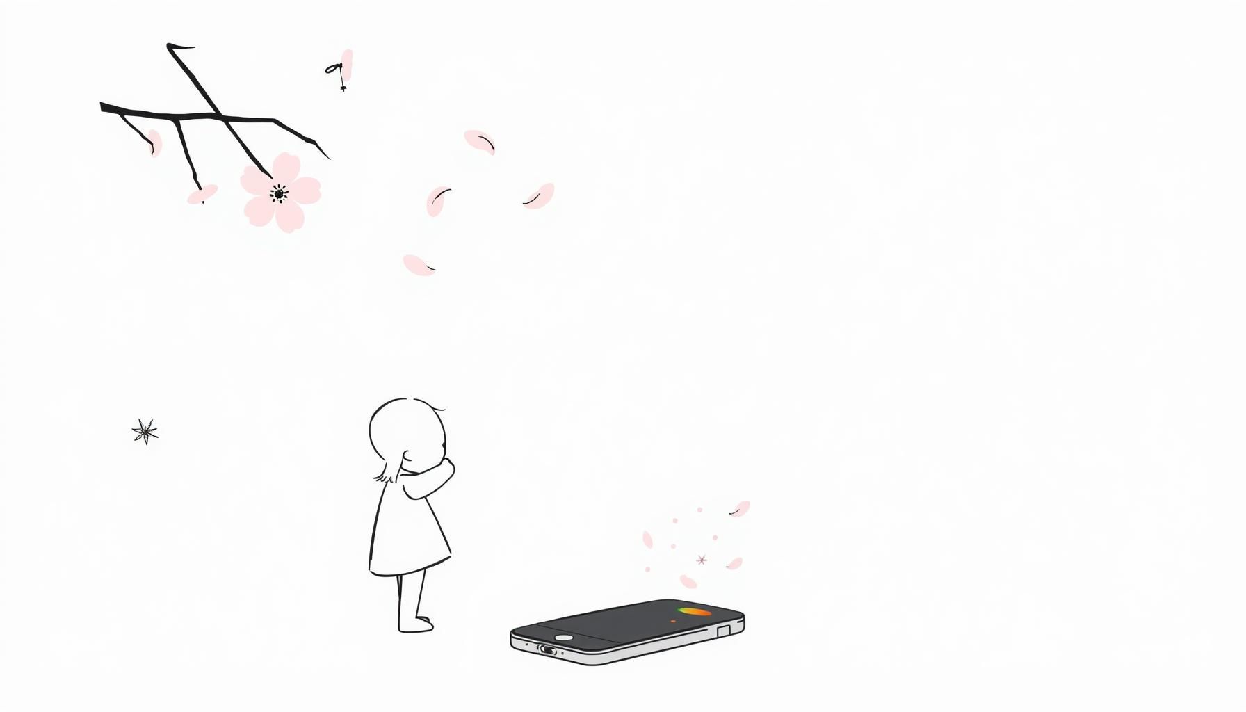 桜並木と小学校門で娘と手を繋ぐ父