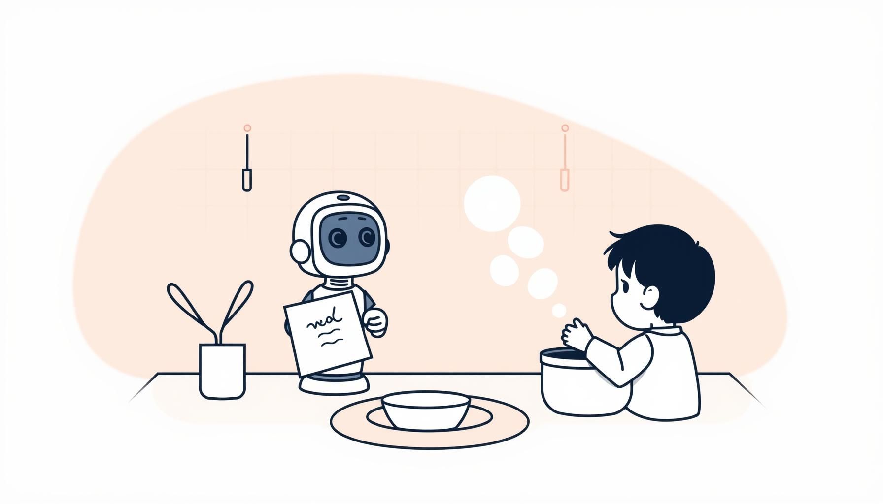 주방에서 부모와 아이가 AI 레시피로 요리하는 장면