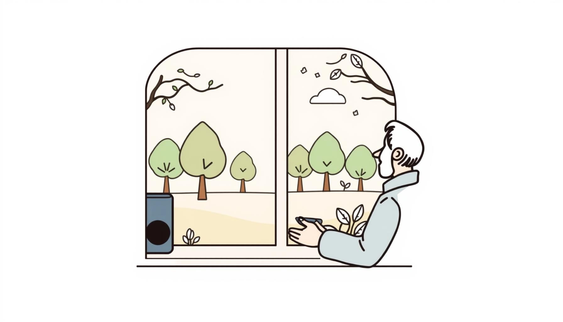 푸른 공원을 내다보며 아빠와 딸이 모바일 기기 탐색