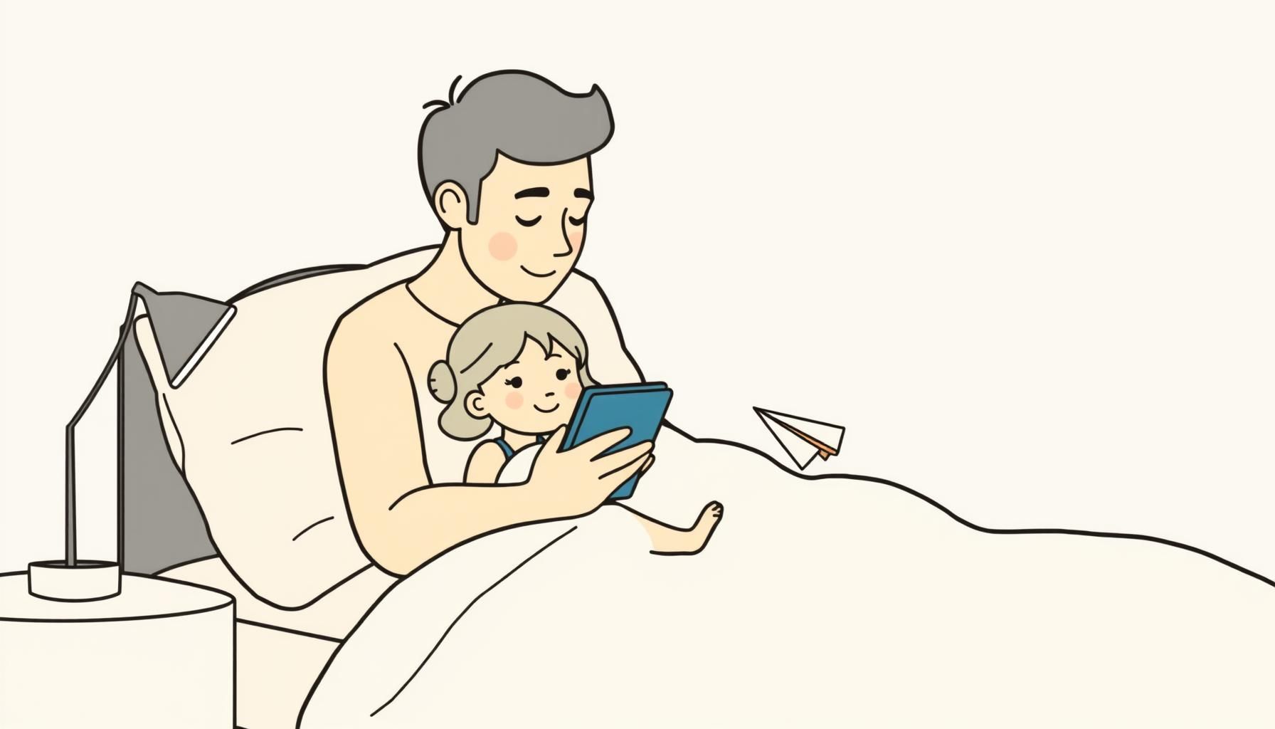 Dad gently placing paper airplane on child’s desk beside sleeping figure