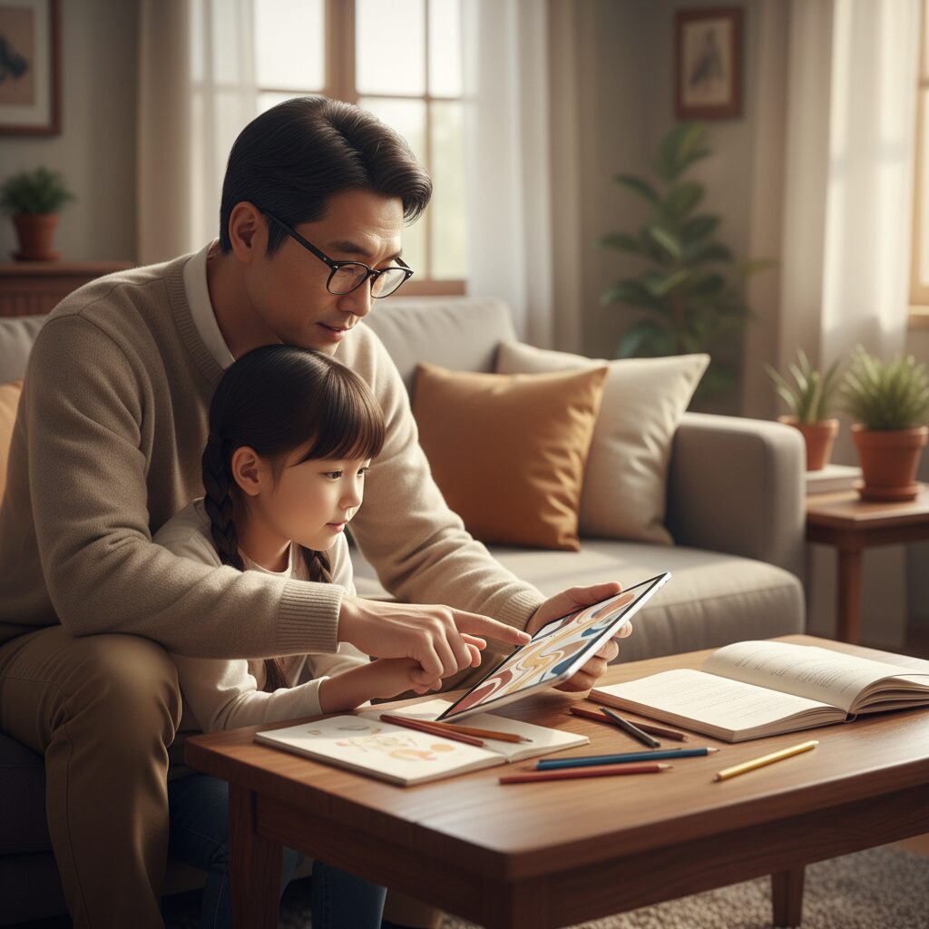 Family creating art inspired by technology
