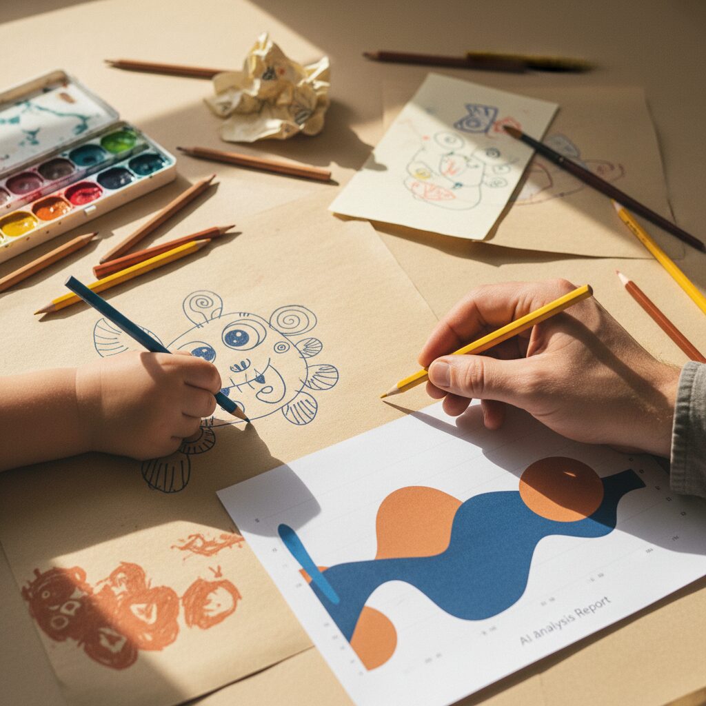 親子がおやつを食べながら3つの質問ゲームを楽しんでいる光景