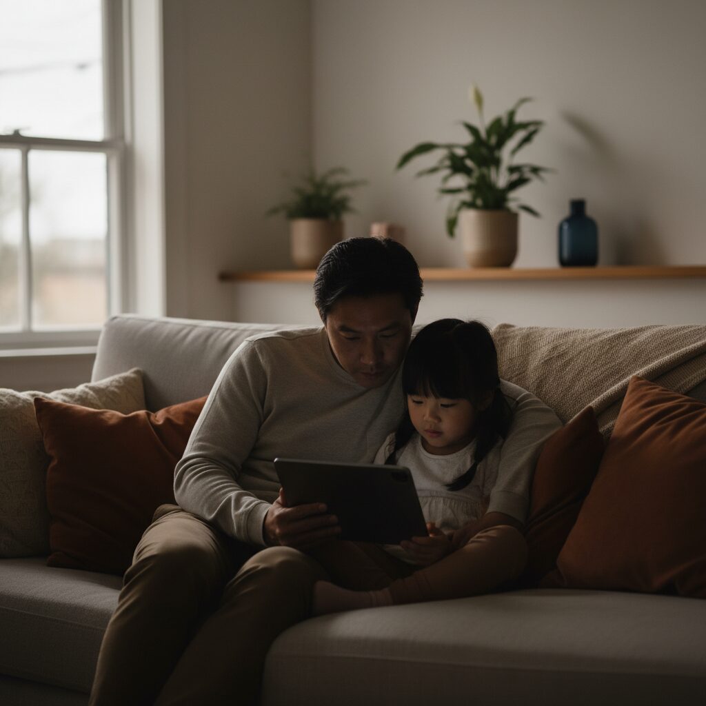 親子がソファでタブレット動画を一緒に観ながら笑っている