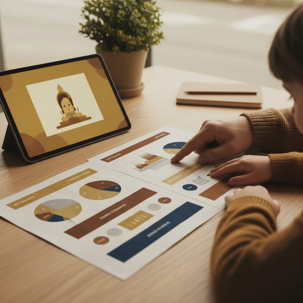 親が子どもに動画の内容について質問しながら話している様子