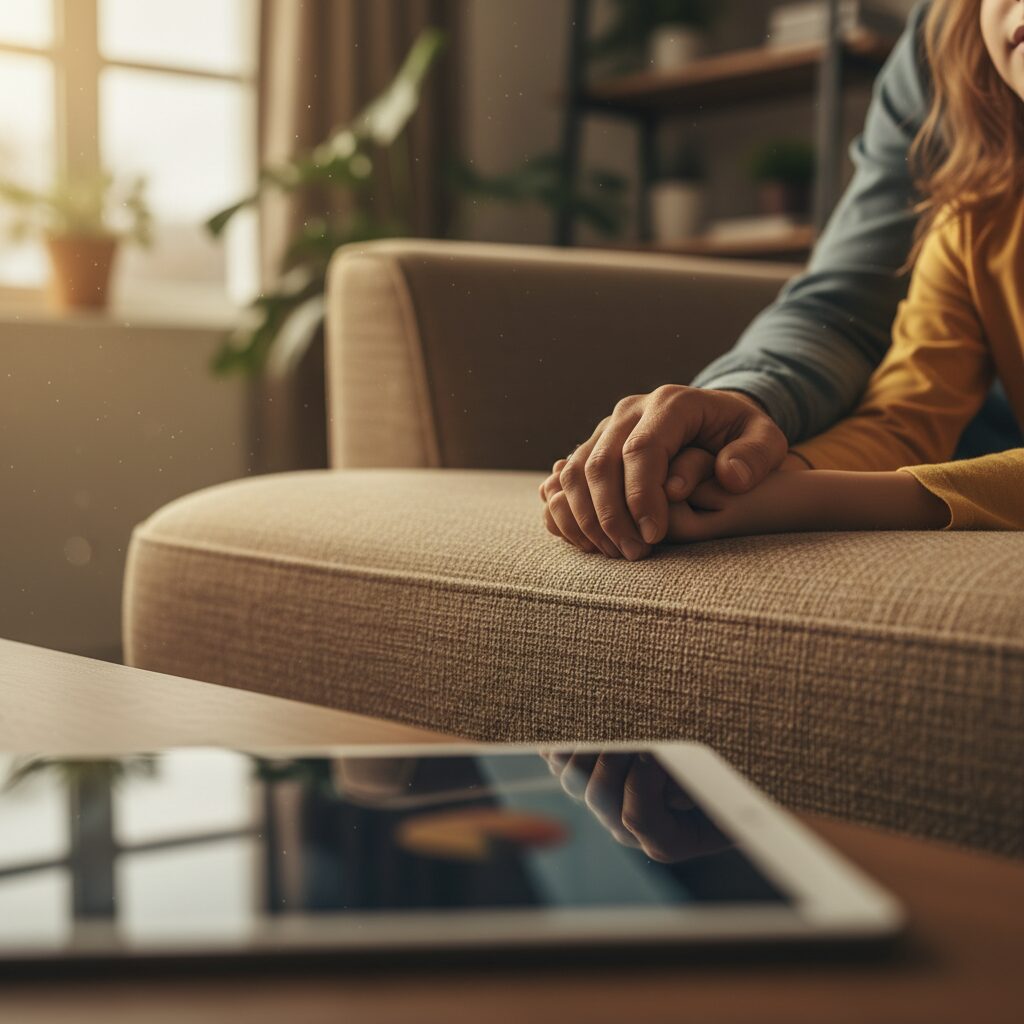 親子が公園で落ち葉を使ってクジラの音楽を作っている様子