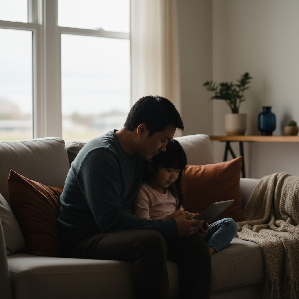 父母与孩子在平板电脑前讨论视频内容