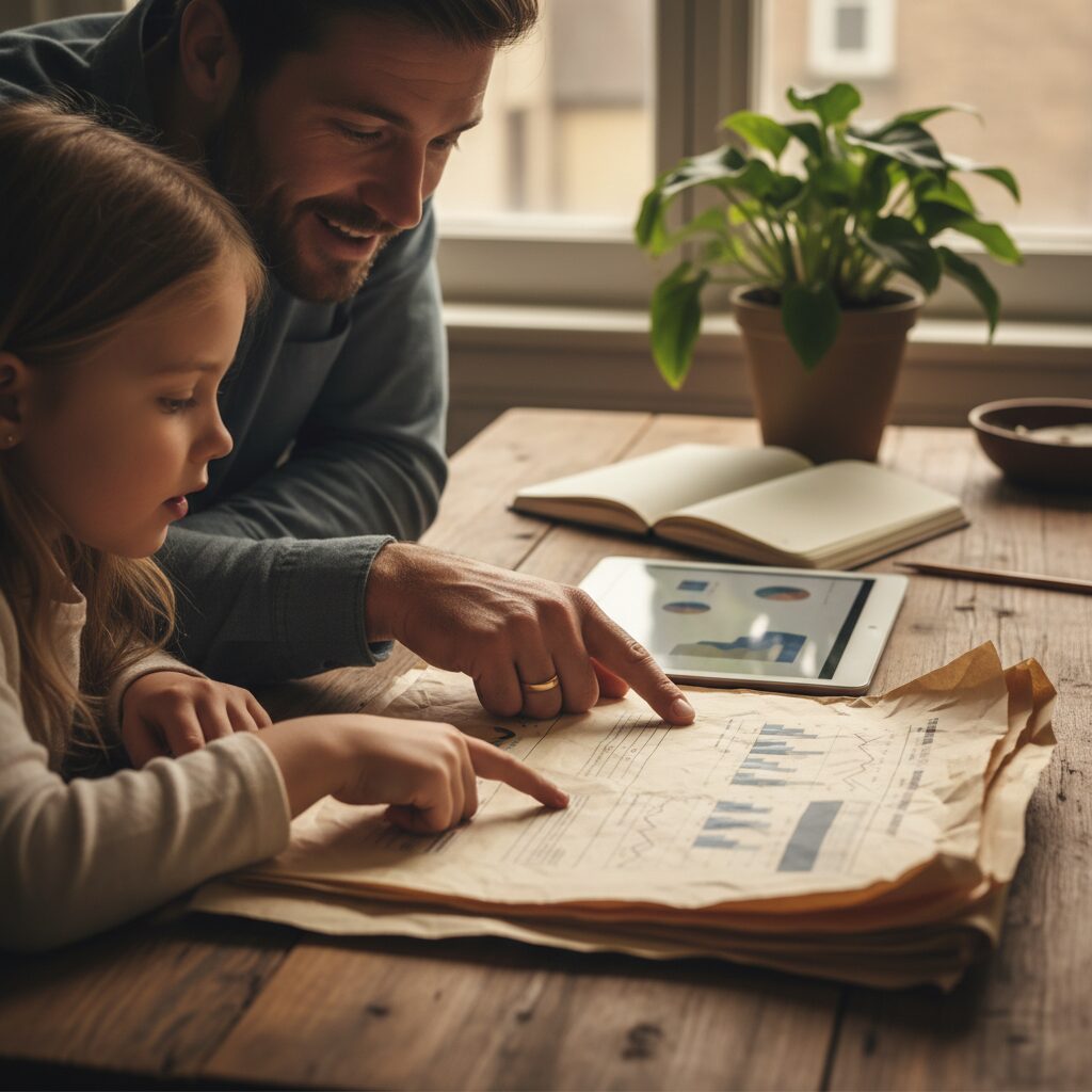 家长与孩子用平板分析视频内容