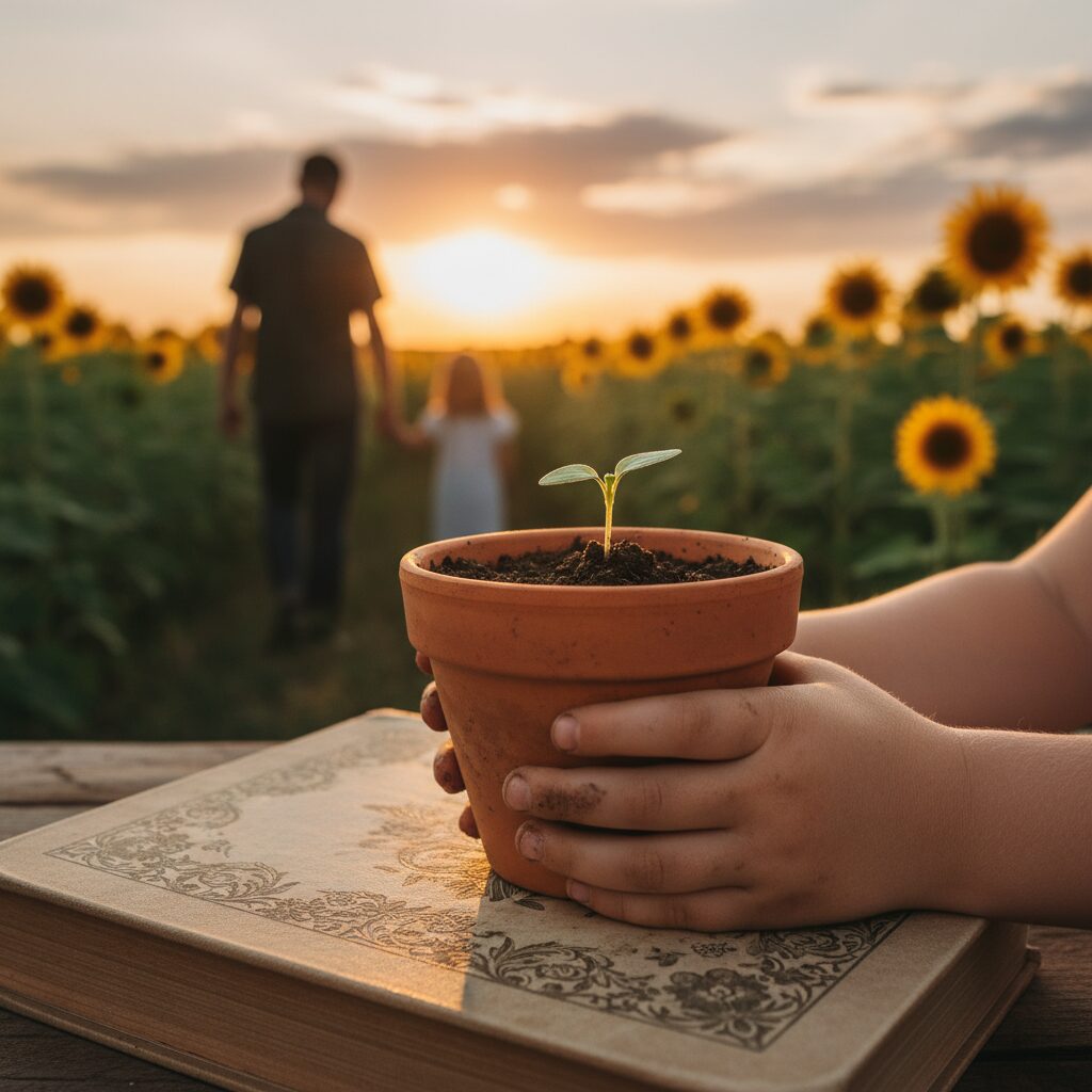Enfant levant les bras devant un coucher de soleil