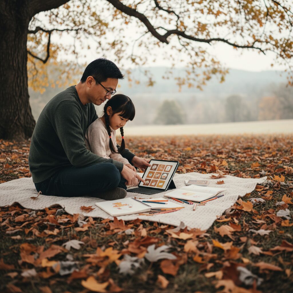 عائلة تلعب مع أطفالها باستخدام تطبيقات ذكية