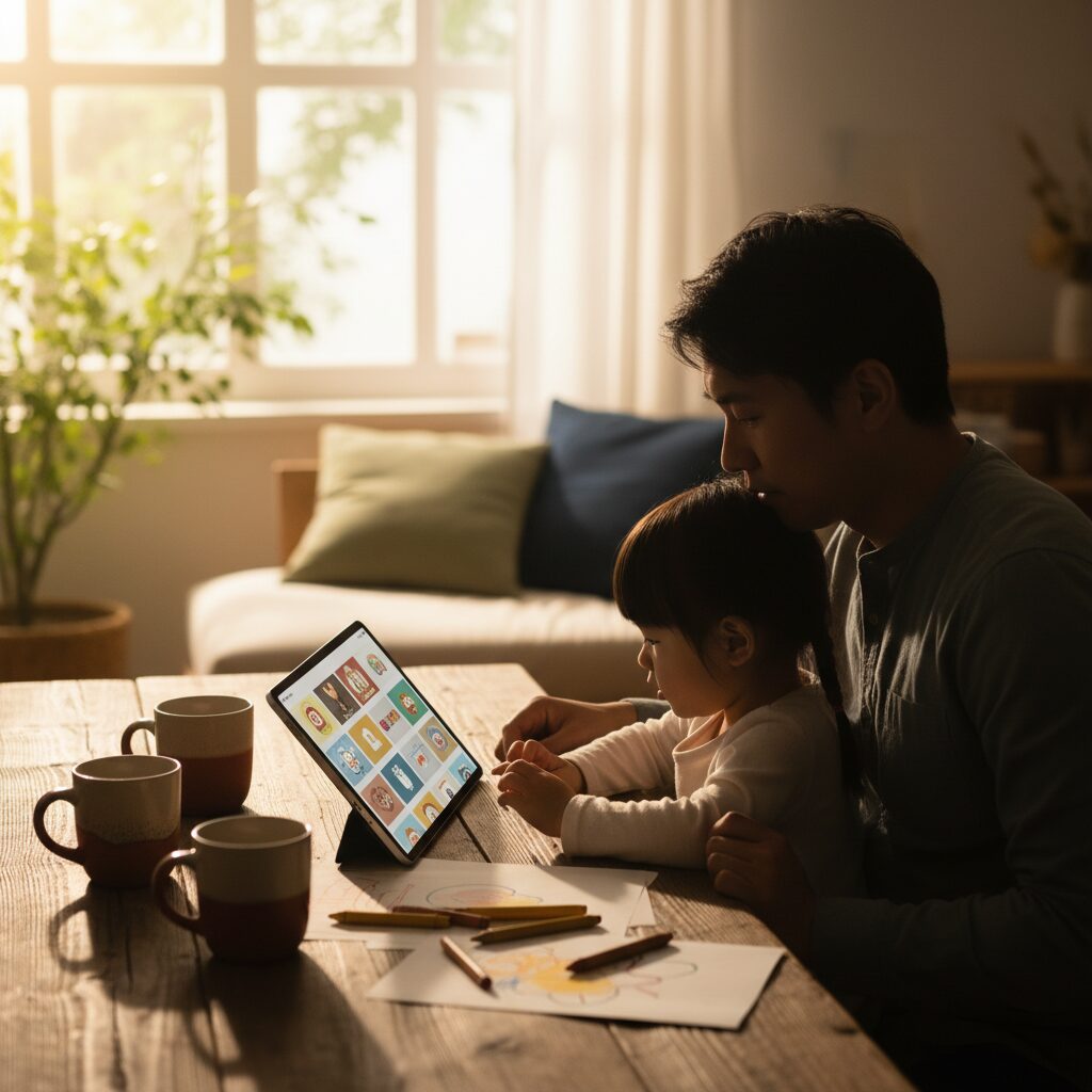 Keluarga tertawa sambil merekam video petualangan di taman