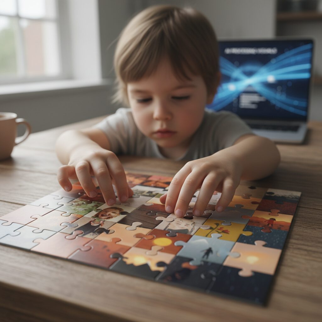 Anak memegang tablet sambil melihat puzzle digital