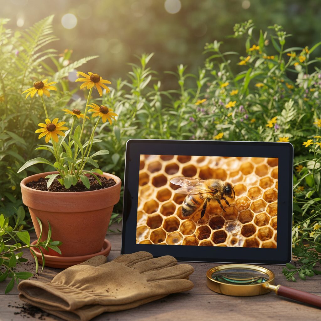 Anak mengamati serangga di taman sambil memegang tablet