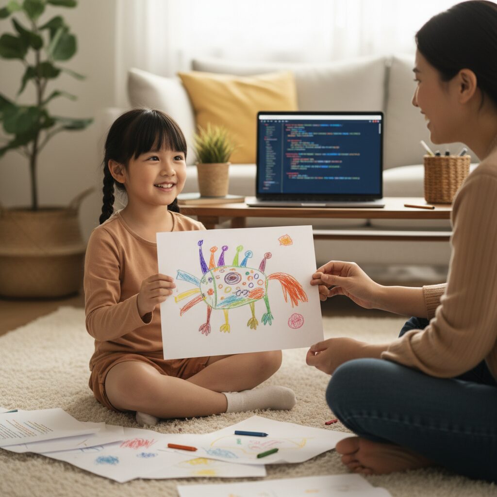 Anak menggambar sambil menjelaskan konsep ke orang tua