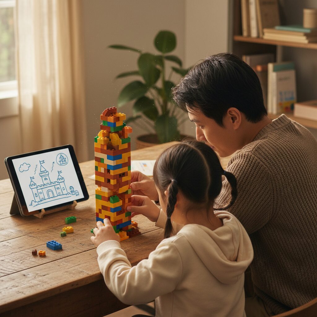 Ayah dan anak bereksperimen sains bersama tablet