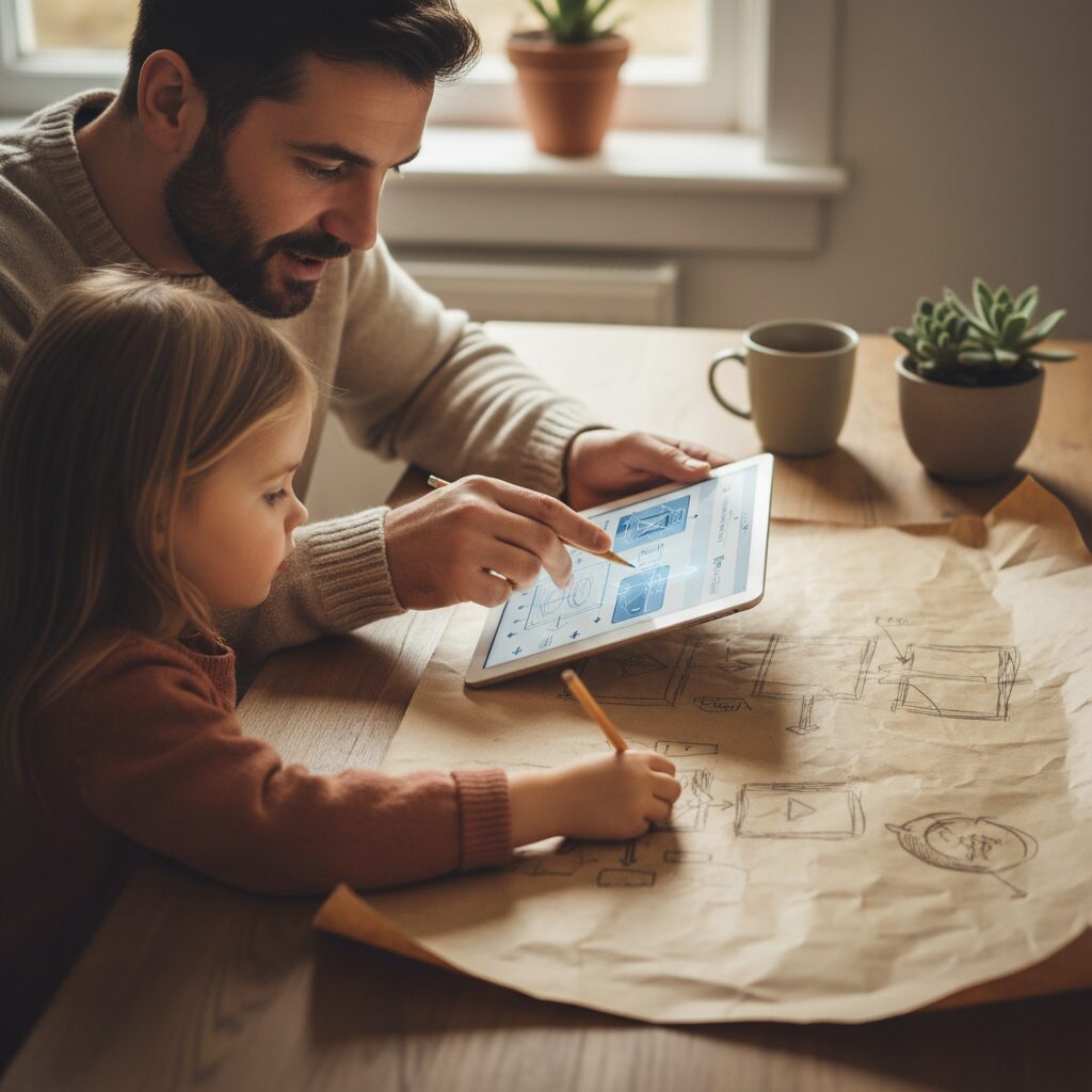 Criança pensativa observando tela com ícones de IA