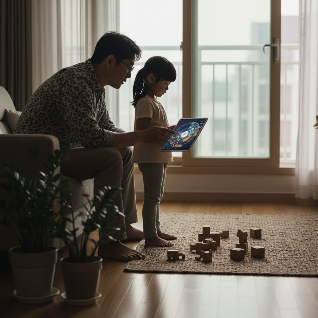 Child watching colorful cartoon on tablet while parent looks concerned