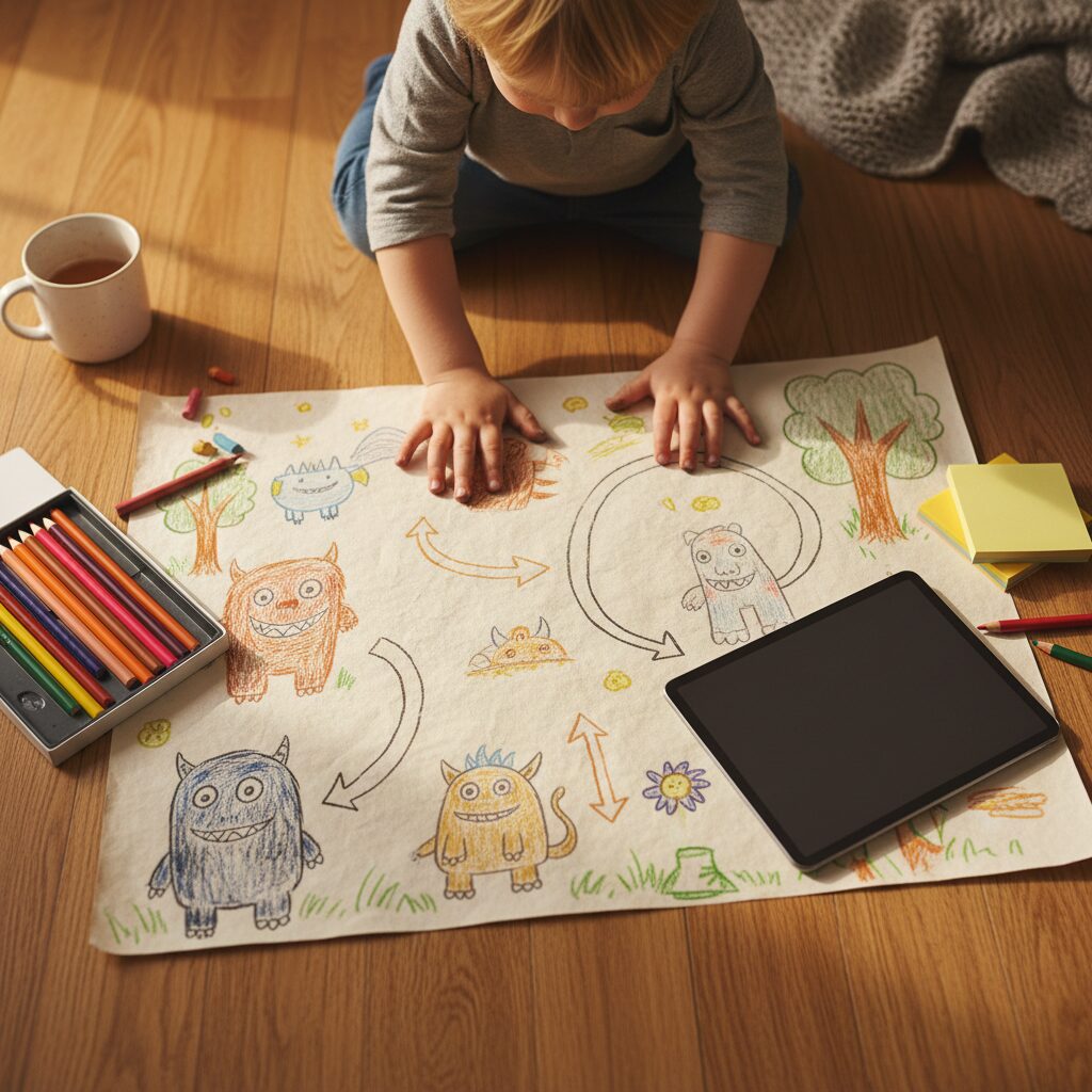 Parent and child creating DIY art with craft supplies