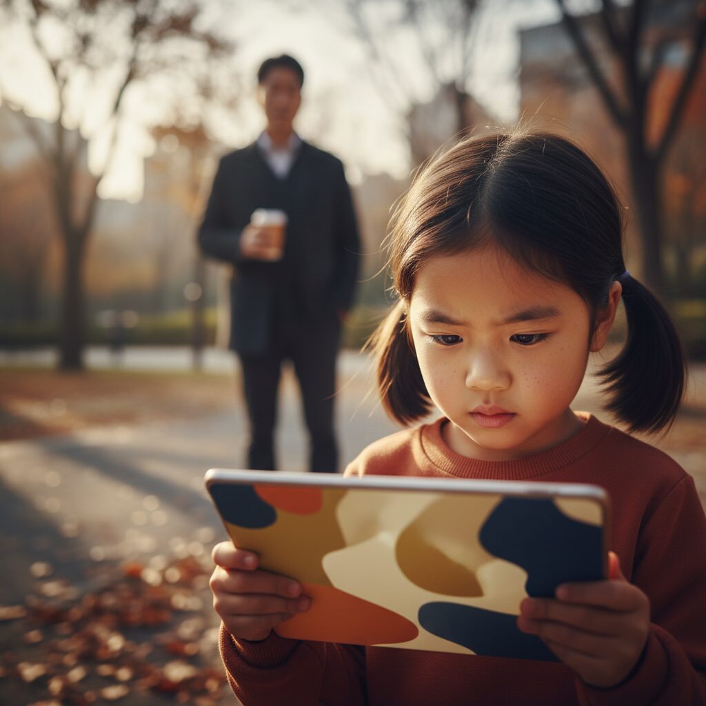 Child hypnotized by a bright tablet screen showing chaotic animations
