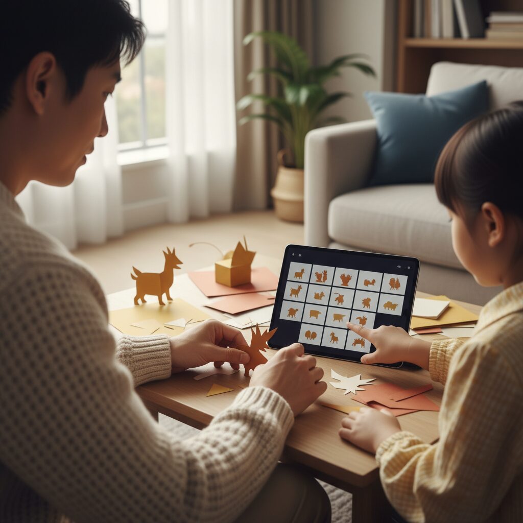 親子で動画の情報源を確認する様子 リビングでタブレット使用