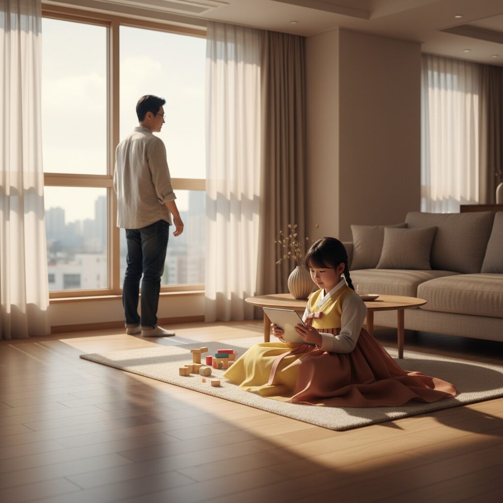 公園でスマホを見る親子の様子 背景にAI動画が映る画面