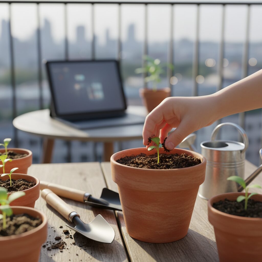 Niña abrazando a padres humanos mientras pantalla muestra IA