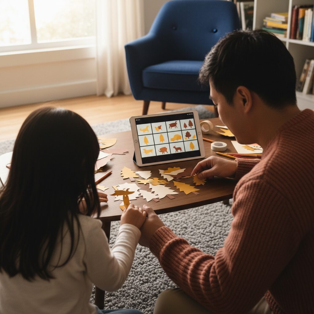Familia criando niñas mientras revisan dispositivo tablet