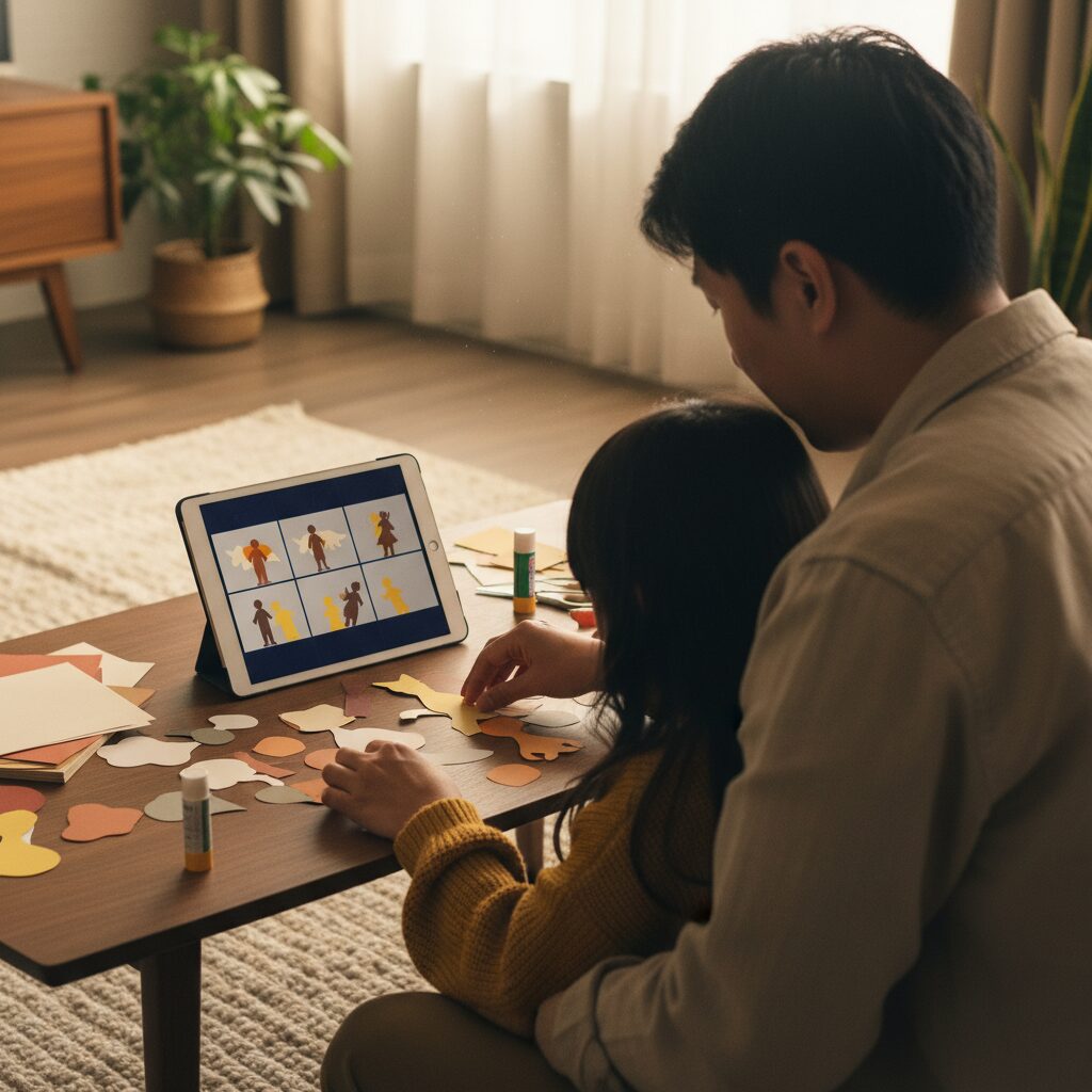 父亲教孩子组装科技手工艺品