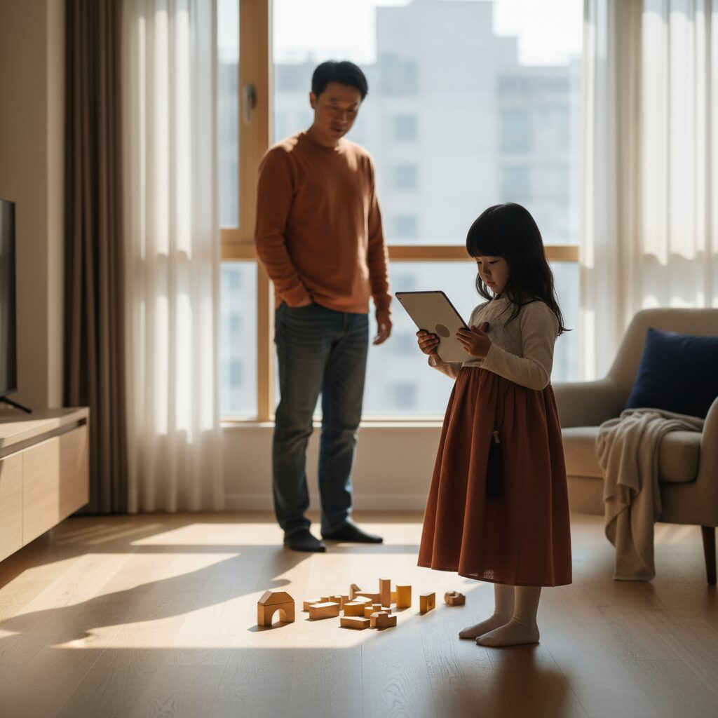 大人和孩子在公园讨论AI视频