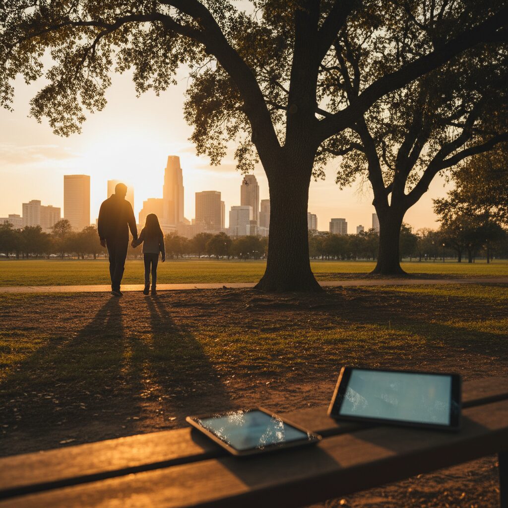 Família discutindo opções de conteúdo em dispositivo móvel