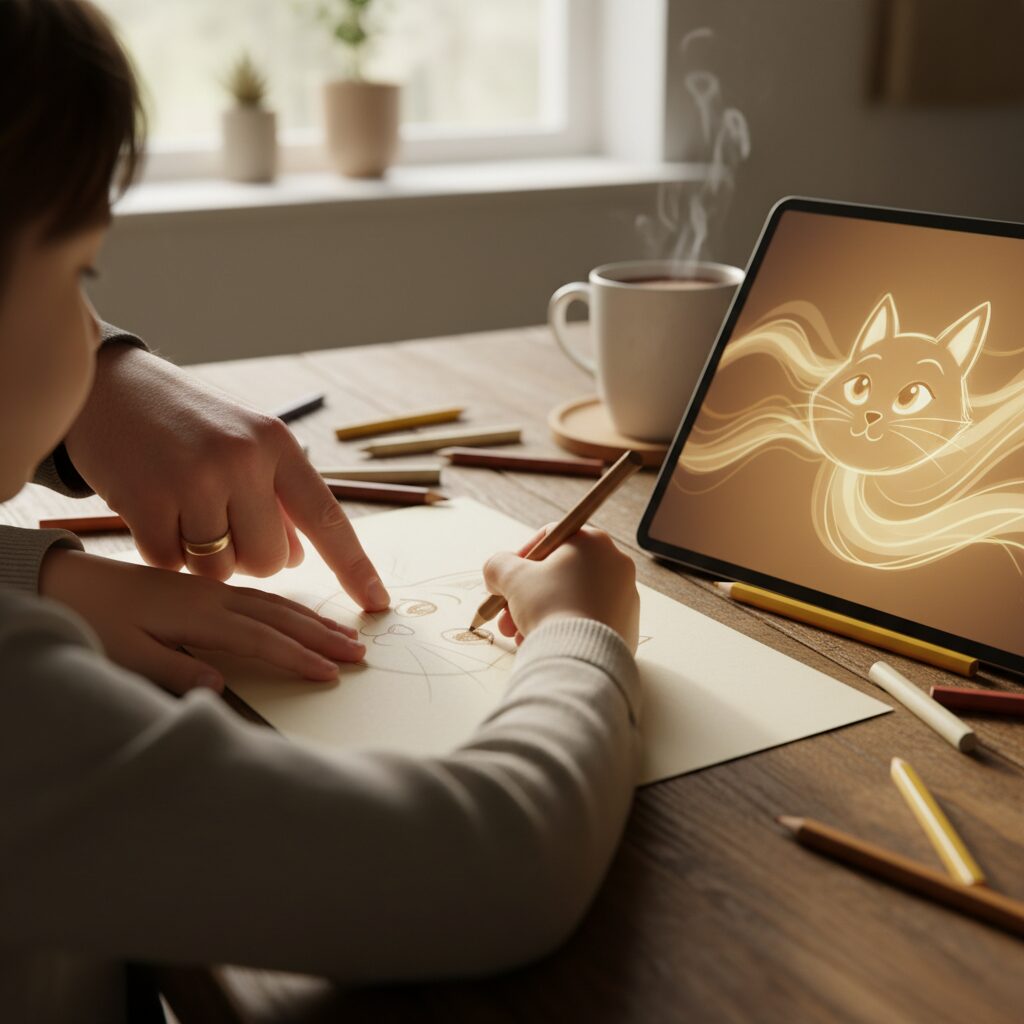 Pai e criança desenhando juntos em mesa com tablets ao lado
