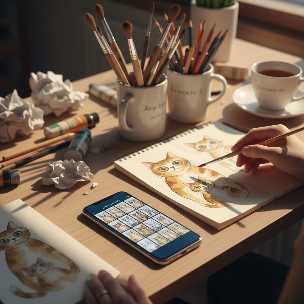 Artista tradicional olhando frustrado para telas de IA