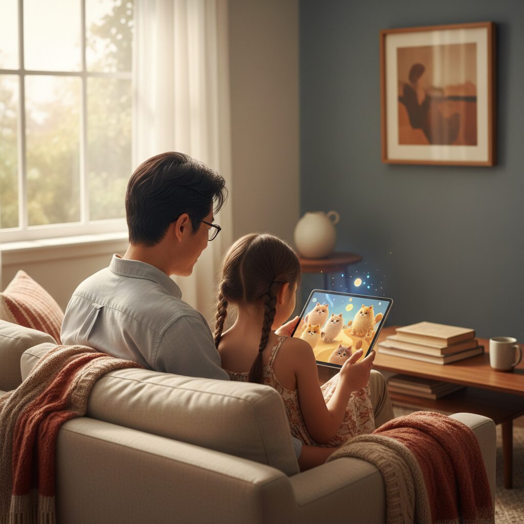 Gato robótico brincando com criança no tablet
