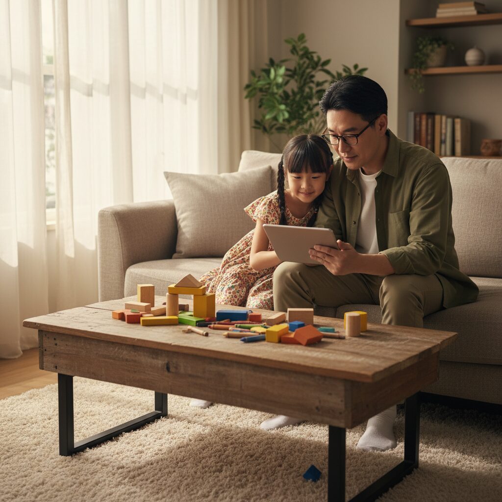 Bé gái xem video AI rác trên máy tính bảng với khuôn mặt mệt mỏi