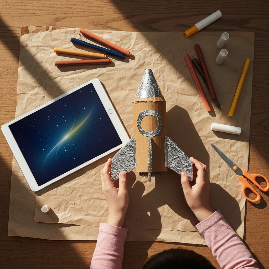 Bé gái hồn nhiên vẽ phi thuyền dựa trên video AI vừa xem