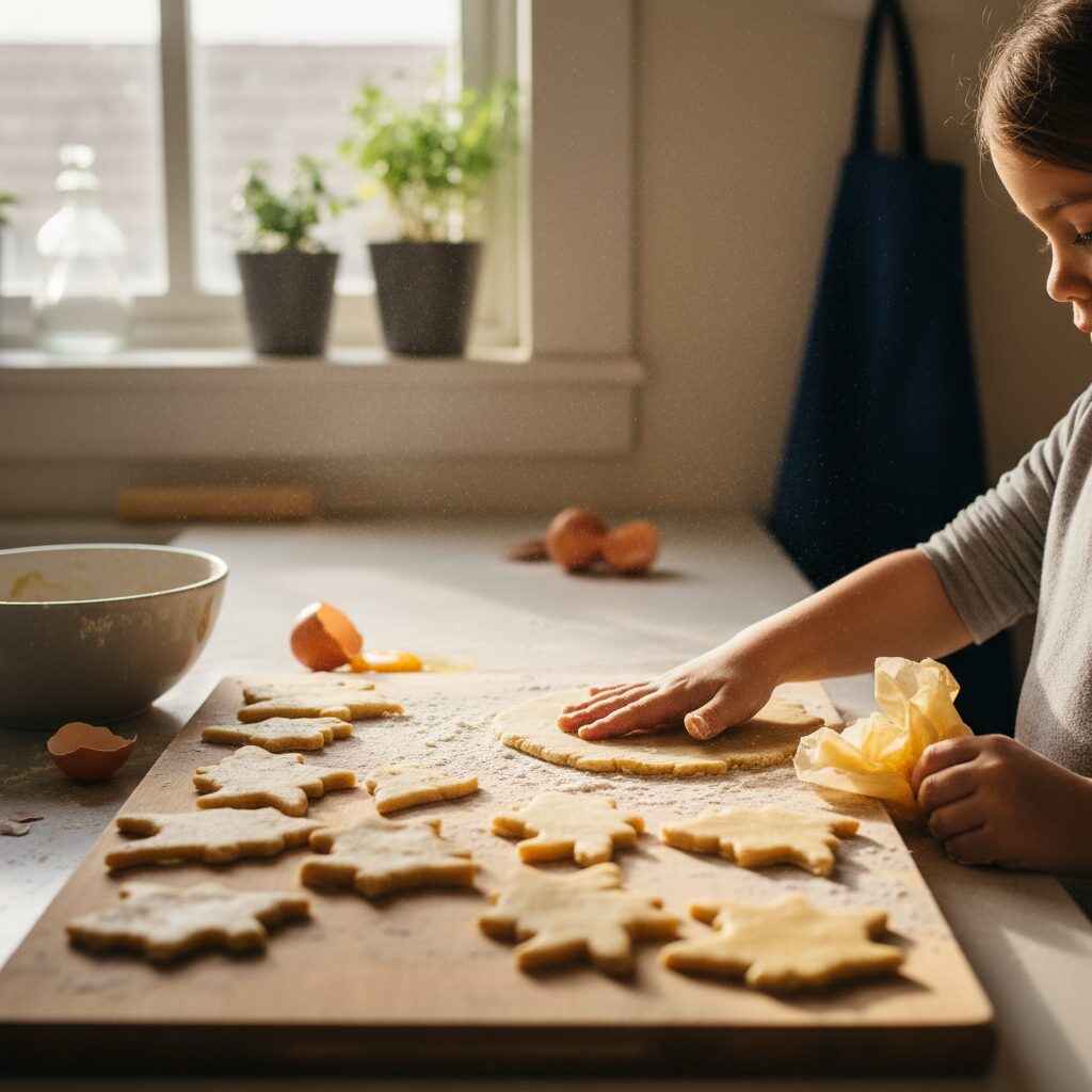 Family covered in flour while shaping dinosaur-shaped cookies with goofy expressions
