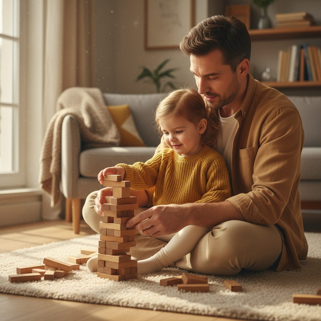 Father and child collapsing in laughter under collapsed blanket fort