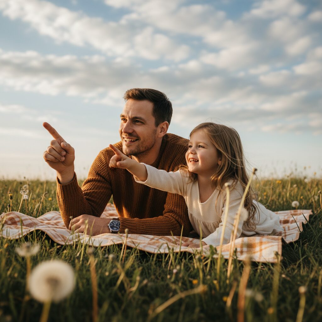 Parent and child tracing cloud shapes while sprawled on a picnic blanket