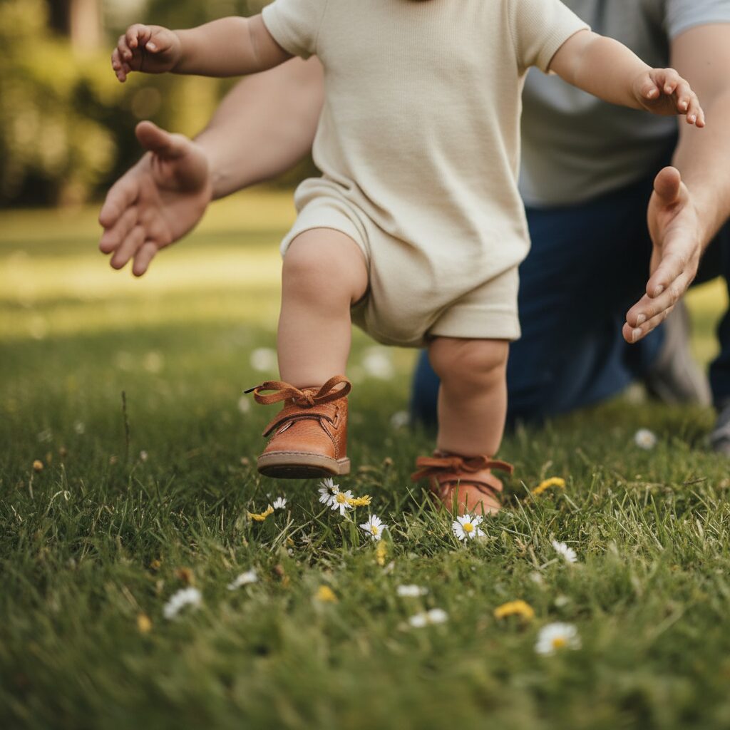 Parent kneeling with open arms as toddler staggers with triumphant smile