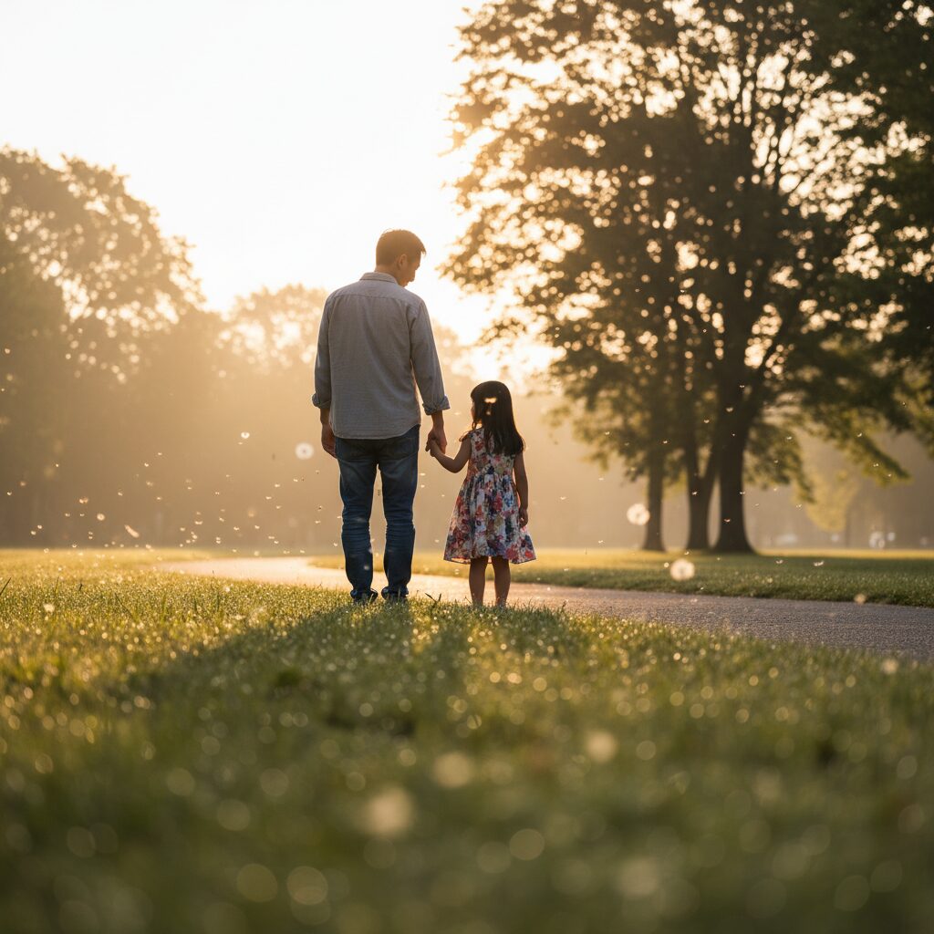 親子が公園で笑いながら手をつなぐ夏の風景 AI時代の信頼構築を象徴する温かな瞬間