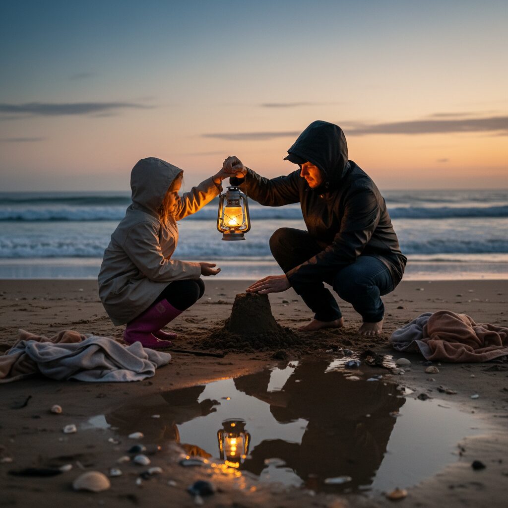 Famille construisant un château de sable sous le soleil, cohésion visible