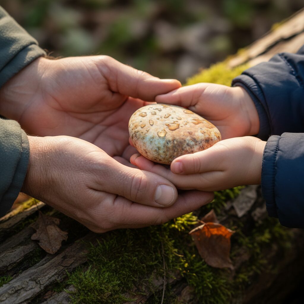 Enfant montrant fièrement un caillou trouvé en forêt à son père souriant