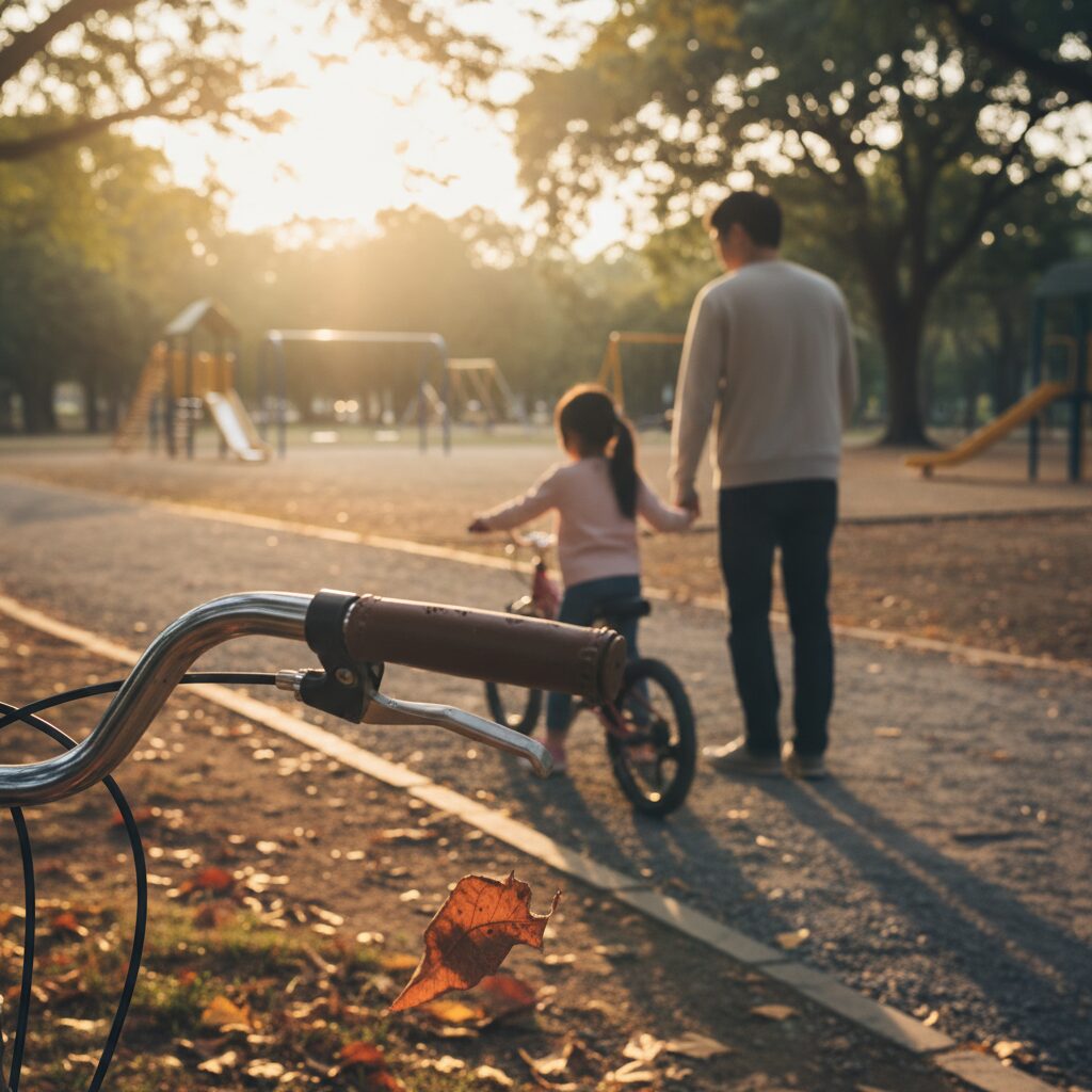 Anak tersenyum saat pertama kali mengendarai sepeda tanpa roda bantu