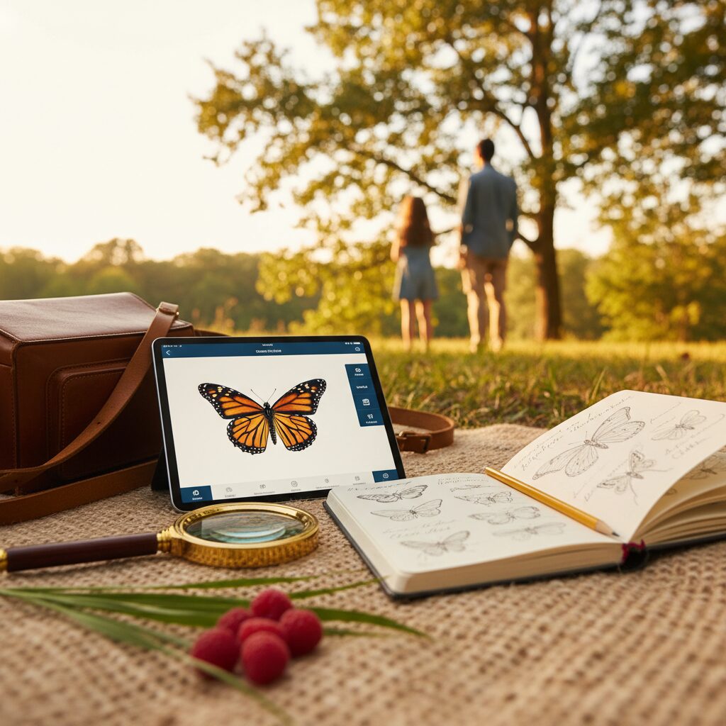 Anak menggunakan tablet AR untuk melihat detail serangga di taman