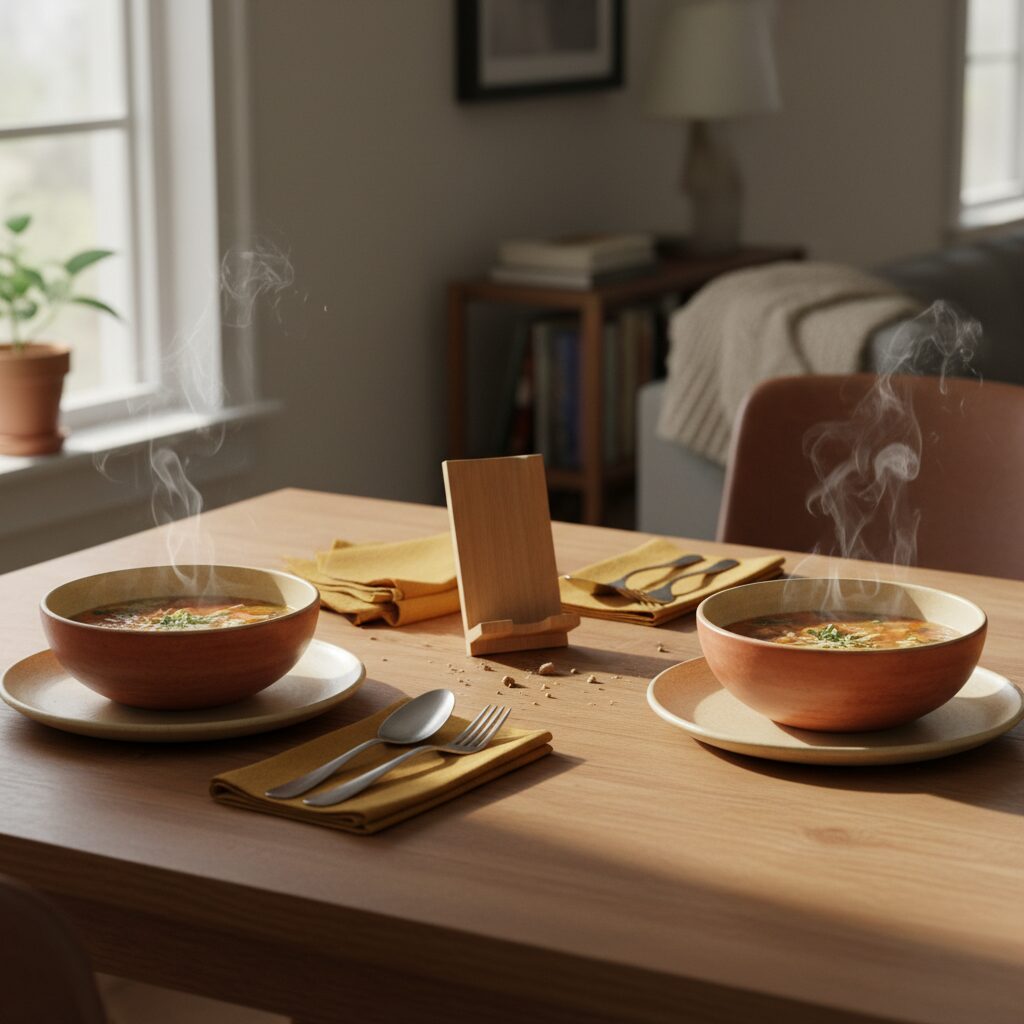 Pais e filhos jantando sem celulares, mantendo contato visual