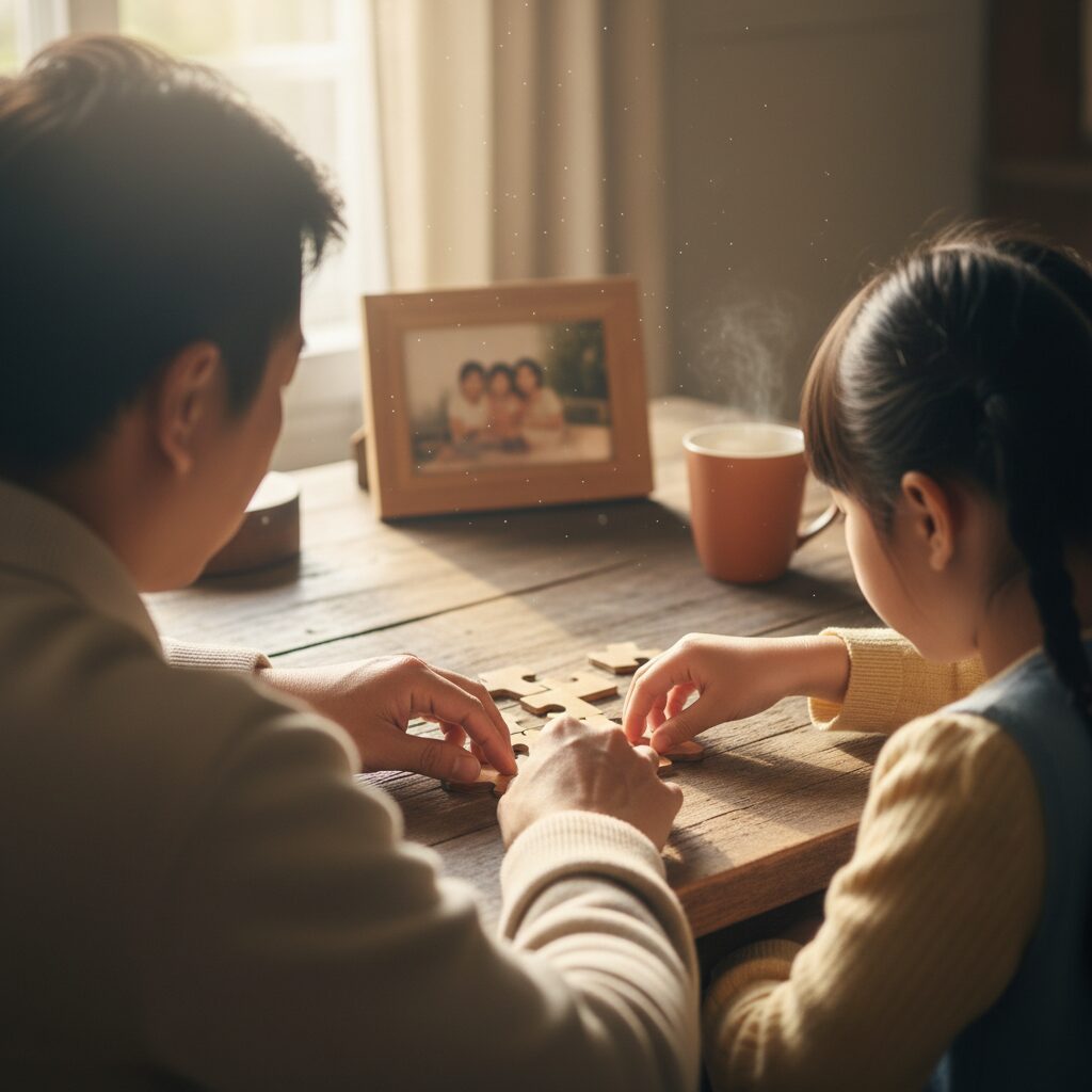 Pai e filha abraçados em parque, sorrindo durante caminhada