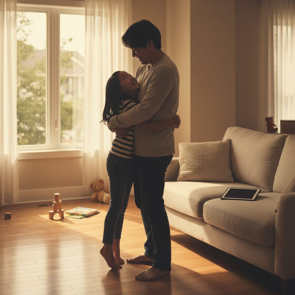 Cha mẹ và con gái cười vui khi cùng nặn bột làm bánh