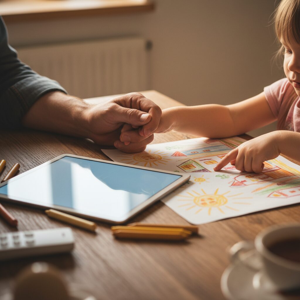 Bàn tay cha mẹ và con cùng xếp hình gỗ