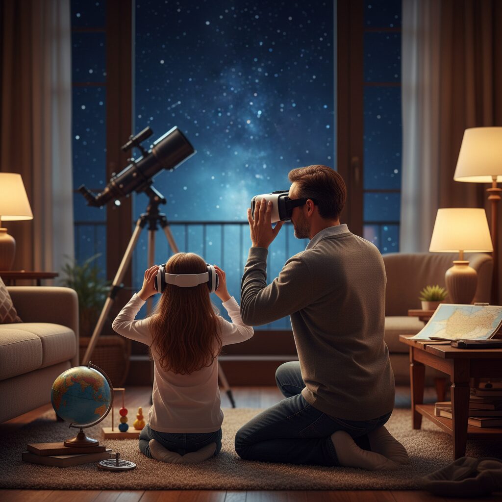 Gia đình dùng kính VR xem sao rồi cười đùa ngoài trời