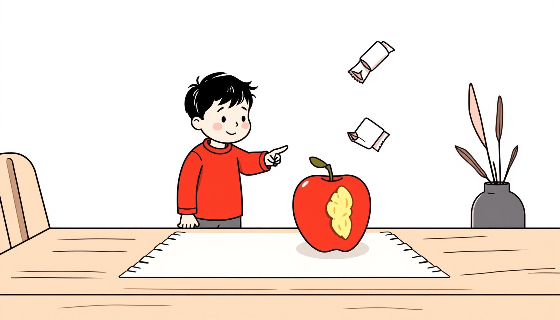 Child pointing at an apple while talking to an AI assistant